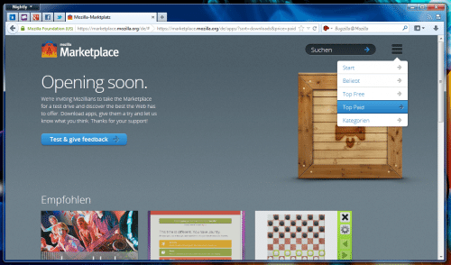Mozilla Marketplace Startseite angemeldet