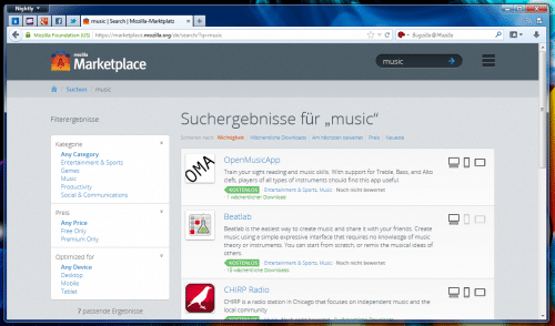 Mozilla Marketplace Suche