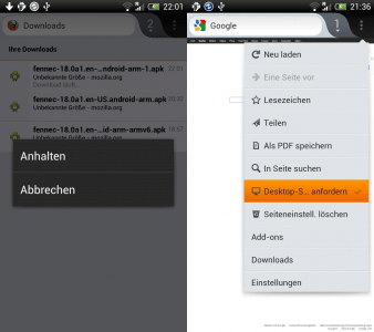 Firefox Mobile Downloads und Desktop-Seite