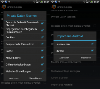 Firefox Mobile Private Daten löschen und Stockbrowser-Import