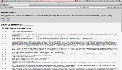 about:telemetry Slow SQL