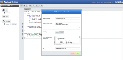 Add-on SDK Einstellungen Add-on Builder