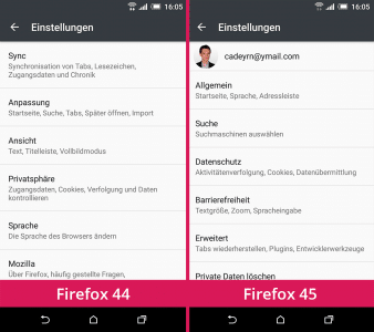 Firefox 45 für Android Einstellungen