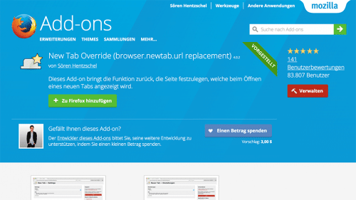 New Tab Override: Mozilla Featured Add-on Dezember 2016