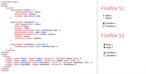 Radio-Button- und Checkbox-Gestaltung per CSS in Firefox 53