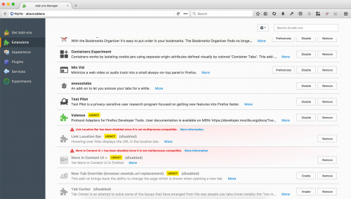 Legacy-Erweiterungen Firefox 55 Nightly