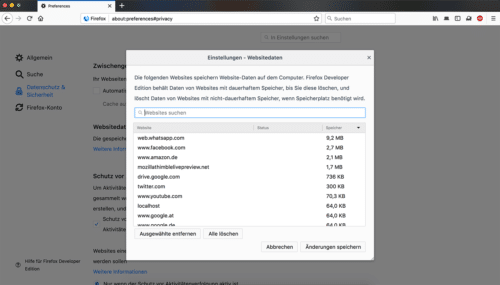 Lokale Datenbanken löschen - Firefox 57