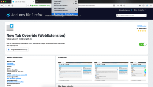 New Tab Override, Extras-Menü