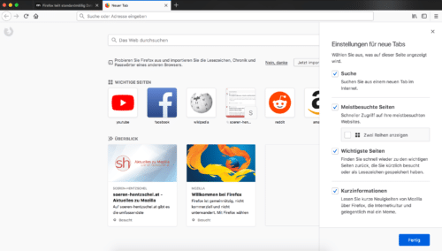 Firefox Quantum Neuer Tab: Optionen