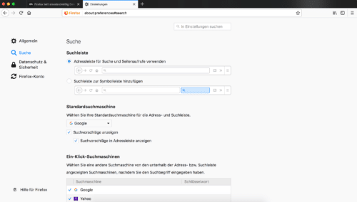 Firefox Quantum Sucheinstellungen