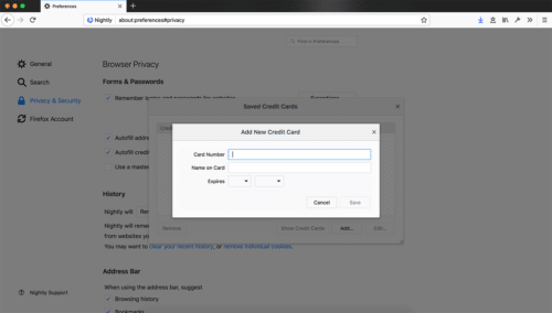 Firefox 58 Kreditkarteninformationen