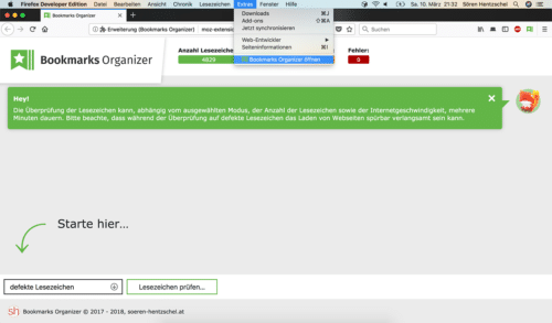 Bookmarks Organizer 2.0 im Extras-Menü