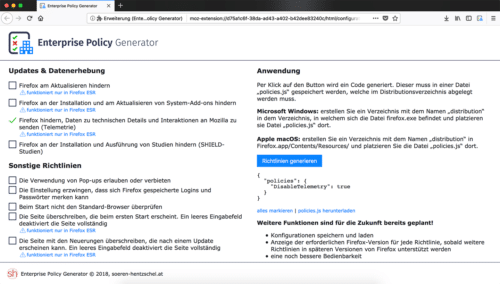 Firefox Enterprise Policy Generator Vorschau