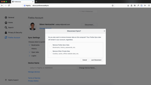 Firefox 62: von Sync abmelden