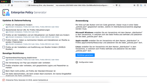 Enterprise Policy Generator zum Deaktivieren von Firefox-Updates