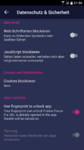Firefox Klar für Andorid: per Fingerabdruck entsperren