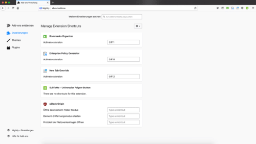 WebExtension Tastatur-Kommanndos