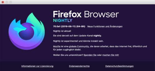 Firefox Nightly 70 Info-Dialog