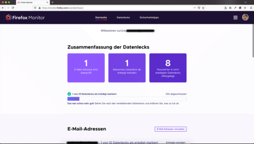 Firefox Monitor - Datenleck als erledigt markieren