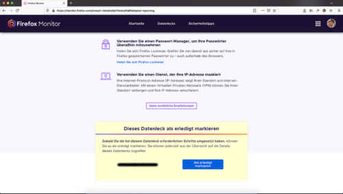 Firefox Monitor - Datenleck als erledigt markieren