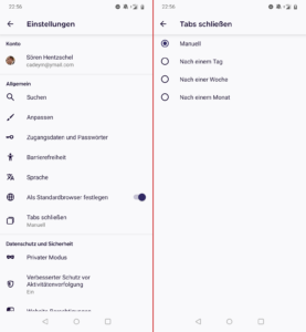 Tabs automatisch schließen, Firefox 81 für Android