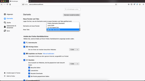 Einstellungen Neuer Tab in Firefox 85