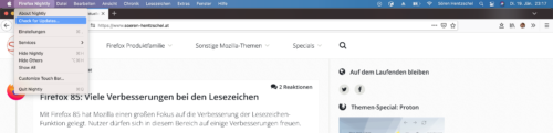 Menüeintrag für Suche nach Firefox-Updates