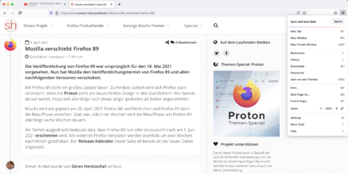 Firefox Nightly: Proton-Design