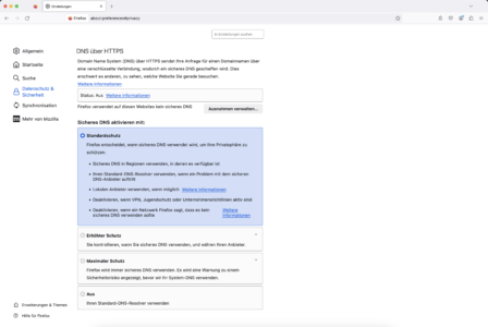 DNS over HTTPS Einstellungen in Firefox 114
