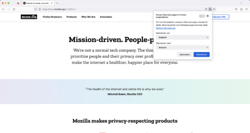 Vorschau auf Übersetzungsfunktion in Firefox 117
