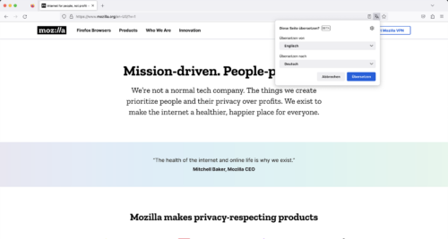 Vorschau auf Übersetzungsfunktion in Firefox 117