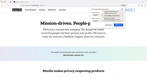 Vorschau auf Übersetzungsfunktion in Firefox 117