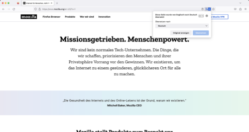 Vorschau auf Übersetzungsfunktion in Firefox 117