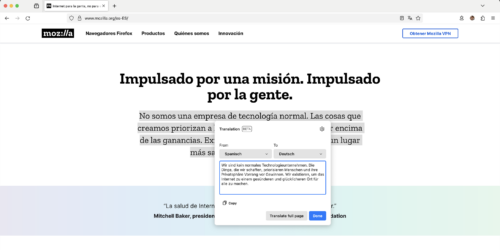 Textauswahl-Übersetzung in Firefox 126