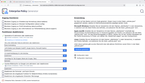 KI-Features in Firefox mit dem Enterprise Policy Generator von Sören Hentzschel deaktivieren